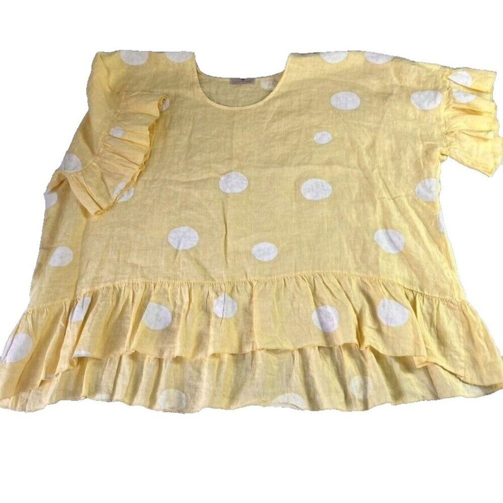 Lands Downunder Blouse Women Plus One Size Yellow Polka Dot Ruffle Short Sleeve